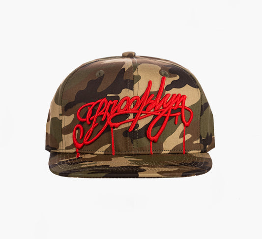 Brooklyn Red Script Snapback Hat (Camo)